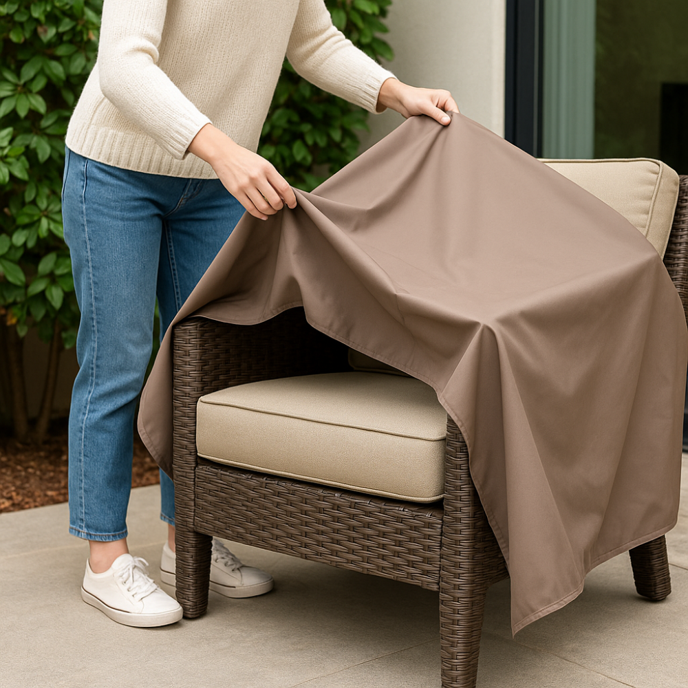 Outdoor patio furniture set with dark frames and light cushions under a covered patio